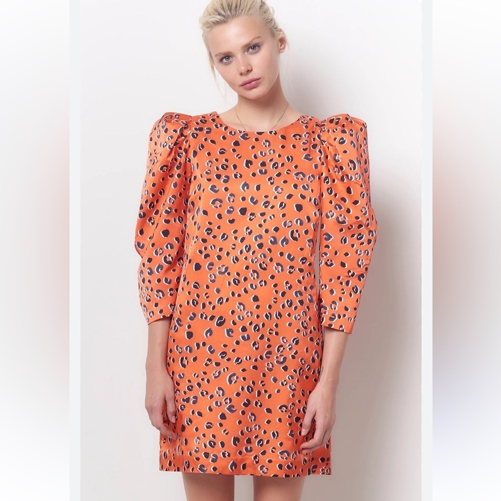 COREY LYNN CALTER Orange leopard print DOLLY puff sleeve shift dress size M.
